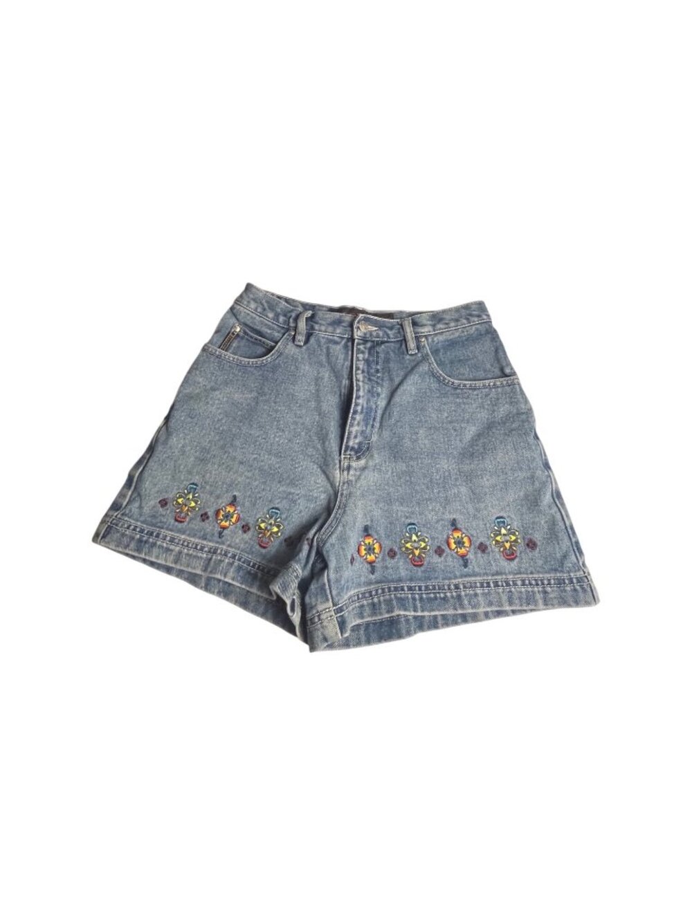 Y2K Vintage 90s No Excuses Rainbow Embroidered High-Waisted Denim Shorts  9/10